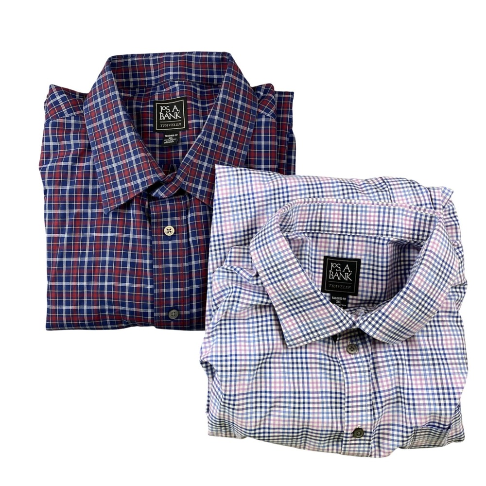 Jos A Bank Traveler Mens XXL Tailored Fit Plaid Shirts Blue Red Purple Lot 2